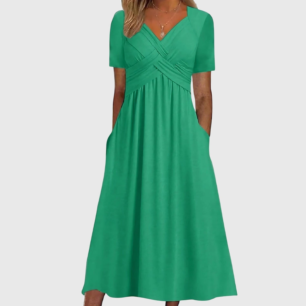 Women's Viola Cross-Ruched V-Neck A-Line Tummy Control Midi Dress with Pockets