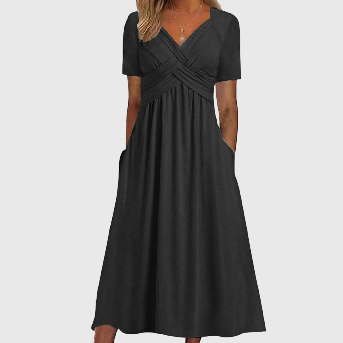 Women's Viola Cross-Ruched V-Neck A-Line Tummy Control Midi Dress with Pockets