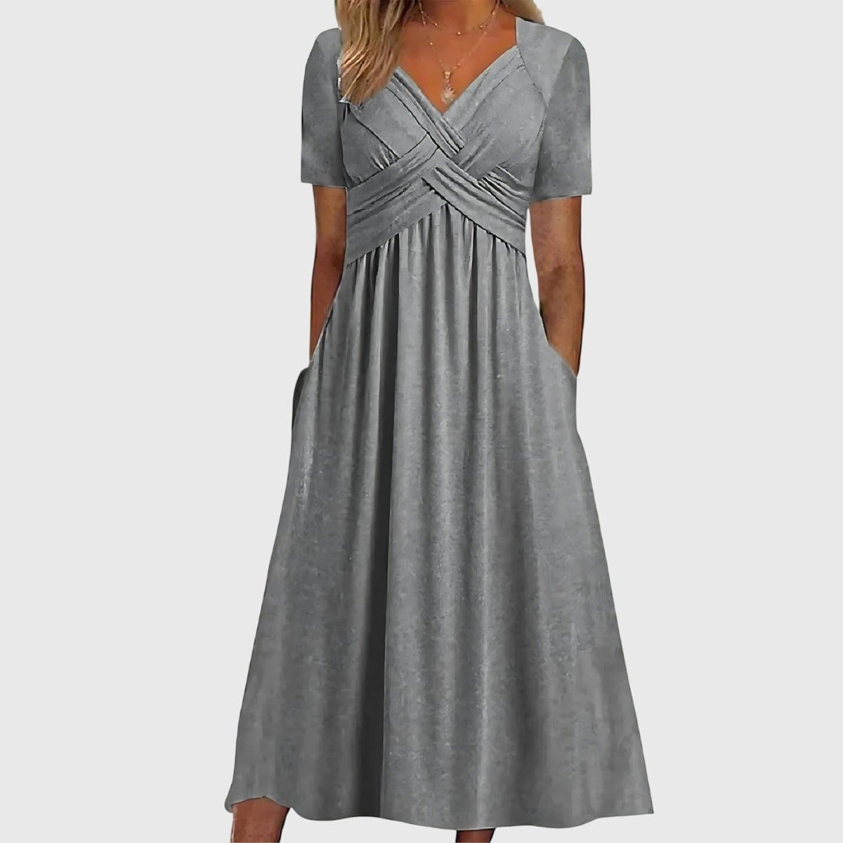 Women's Viola Cross-Ruched V-Neck A-Line Tummy Control Midi Dress with Pockets
