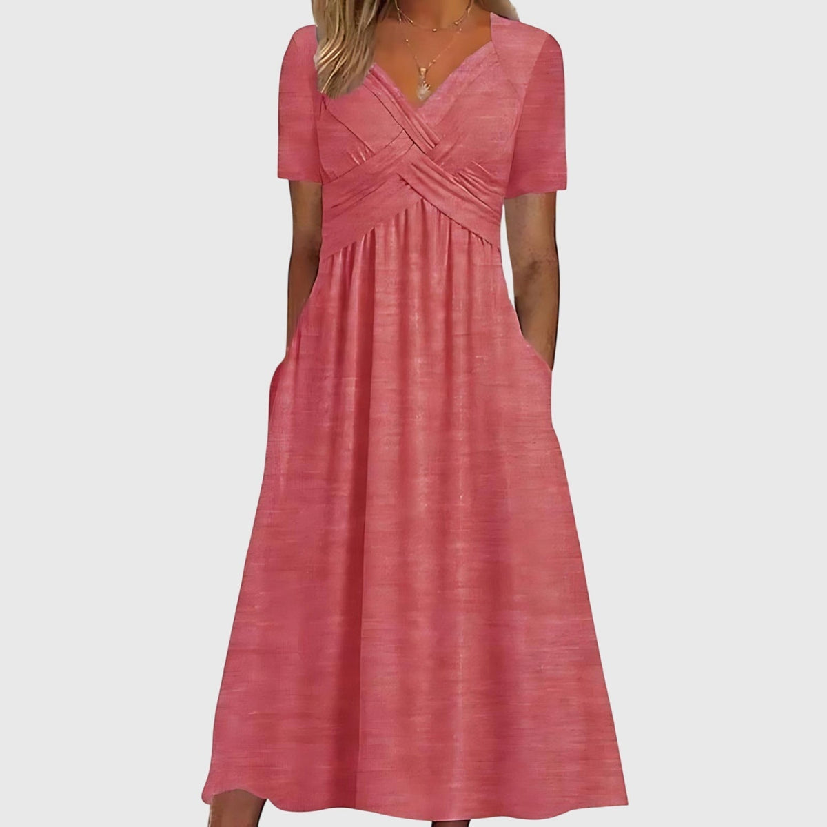 Women's Viola Cross-Ruched V-Neck A-Line Tummy Control Midi Dress with Pockets