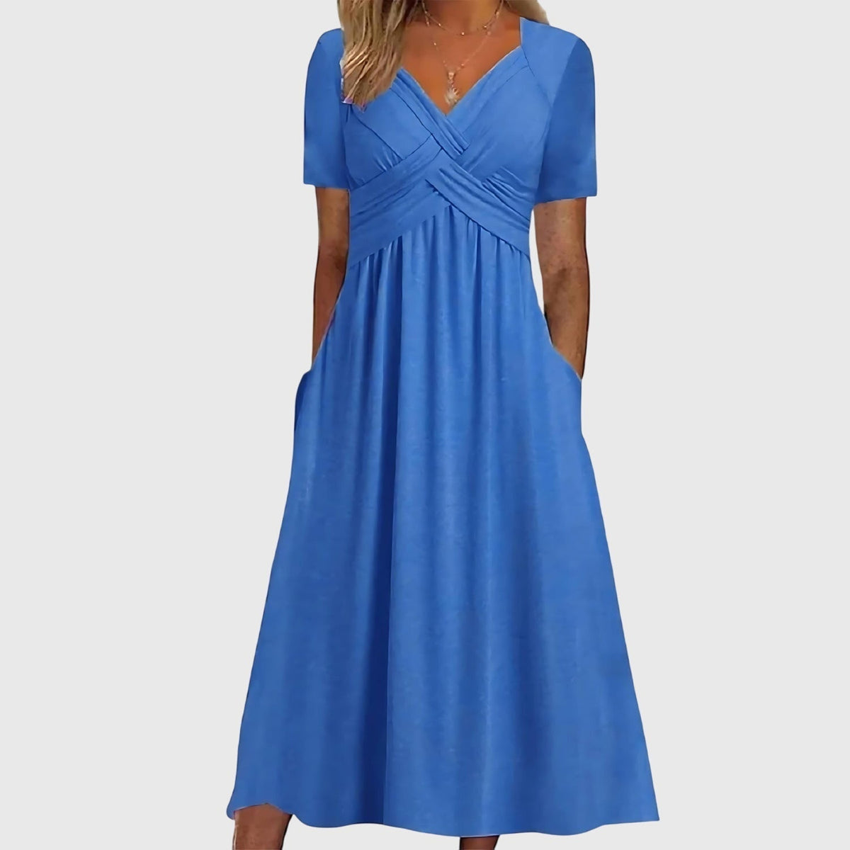 Women's Viola Cross-Ruched V-Neck A-Line Tummy Control Midi Dress with Pockets