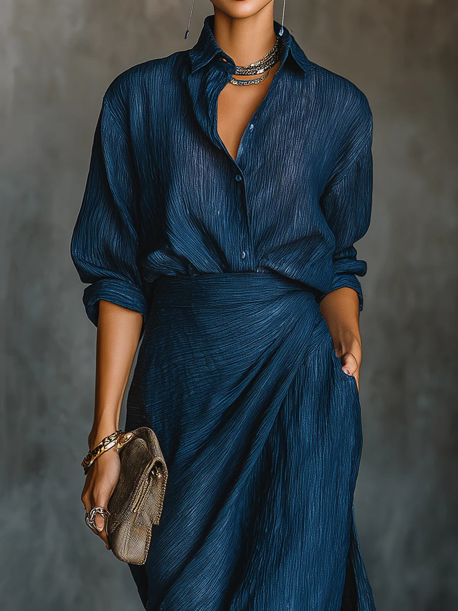 Women's Woven Button Shirt and Wrap Maxi Skirt Two-Piece Set