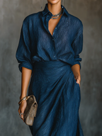 Women's Woven Button Shirt and Wrap Maxi Skirt Two-Piece Set