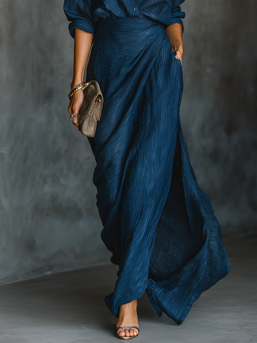 Women's Woven Button Shirt and Wrap Maxi Skirt Two-Piece Set