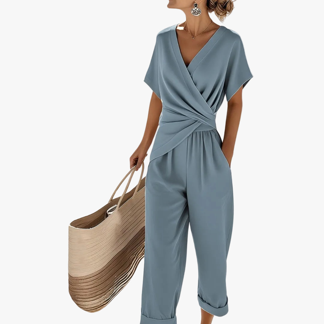 Women's Wrap V-Neck Cropped Jumpsuit with Twisted Waist and Side Pockets