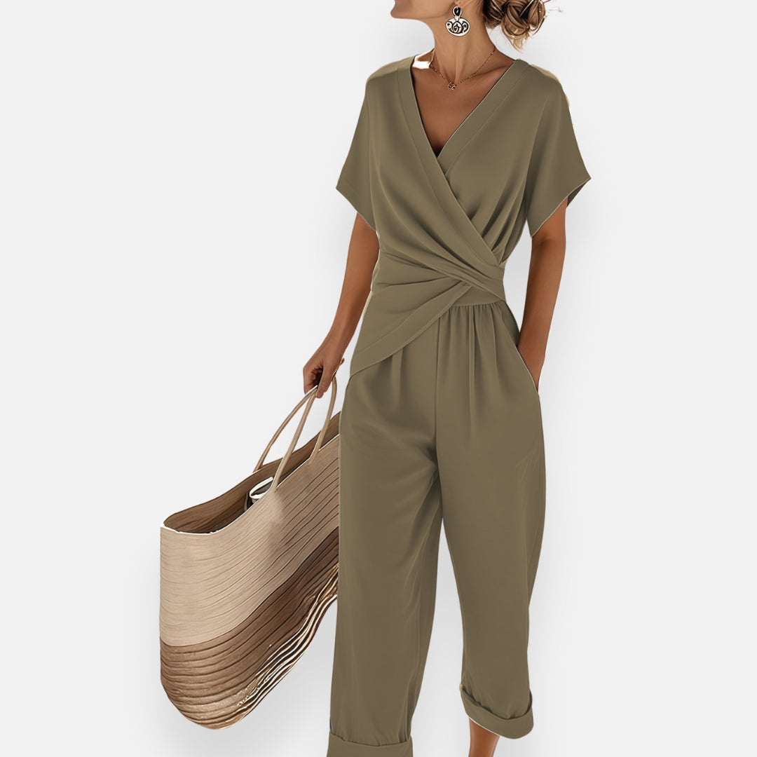 Women's Wrap V-Neck Cropped Jumpsuit with Twisted Waist and Side Pockets