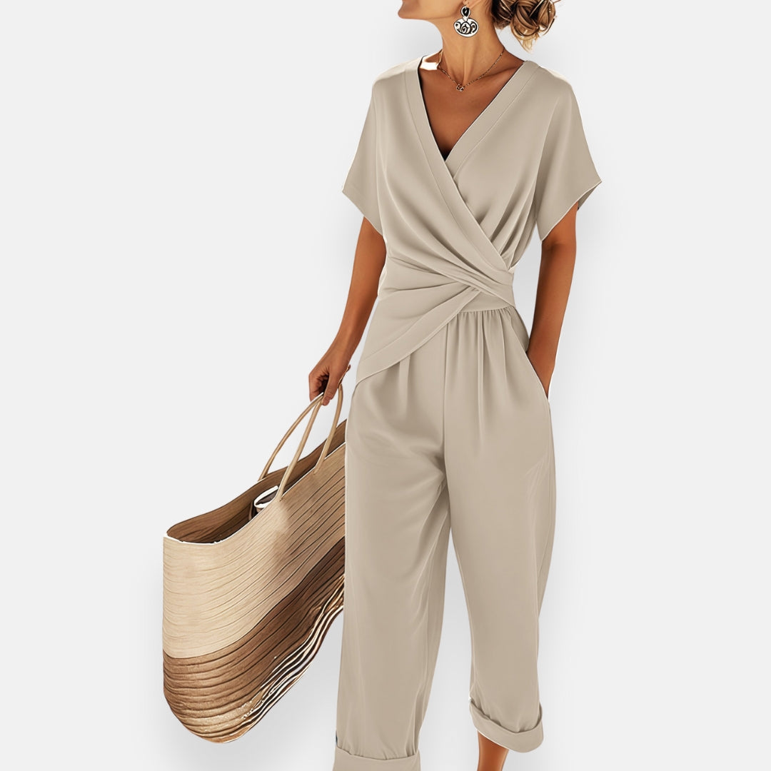 Women's Wrap V-Neck Cropped Jumpsuit with Twisted Waist and Side Pockets