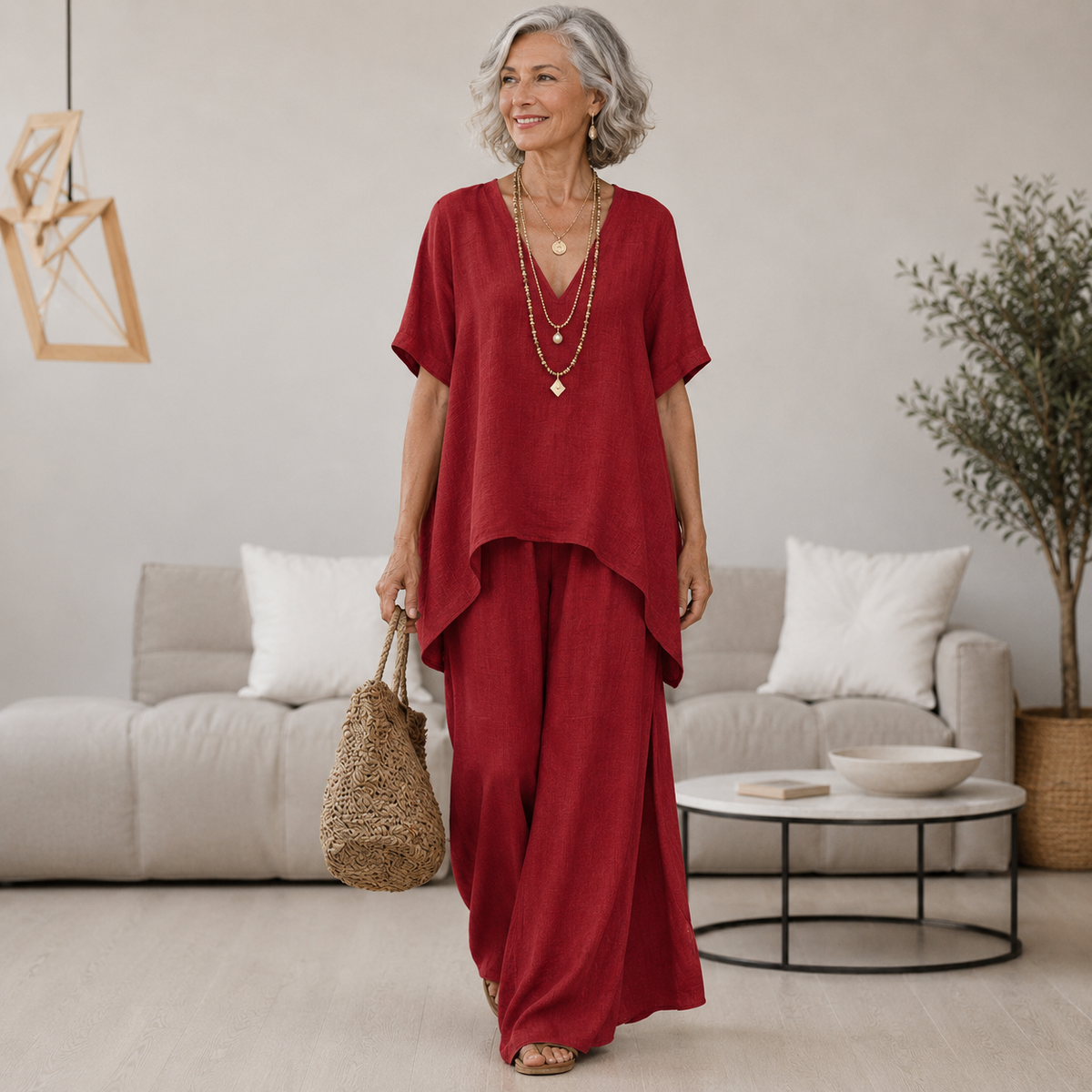 Women's Wren | V-Neck Asymmetric Hem Tunic and Wide-Leg Two-Piece Set