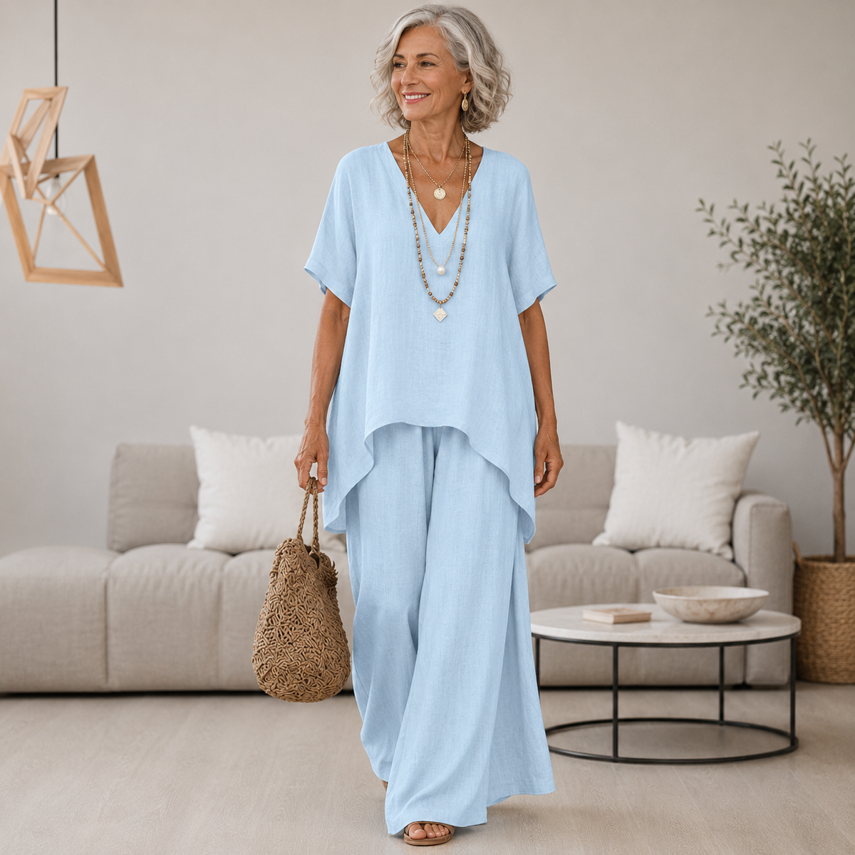 Women's Wren | V-Neck Asymmetric Hem Tunic and Wide-Leg Two-Piece Set