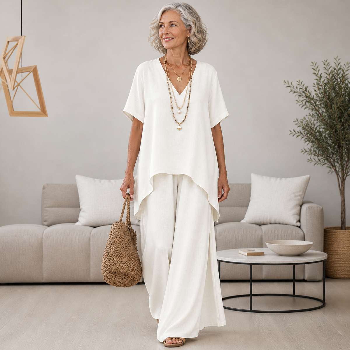 Women's Wren | V-Neck Asymmetric Hem Tunic and Wide-Leg Two-Piece Set
