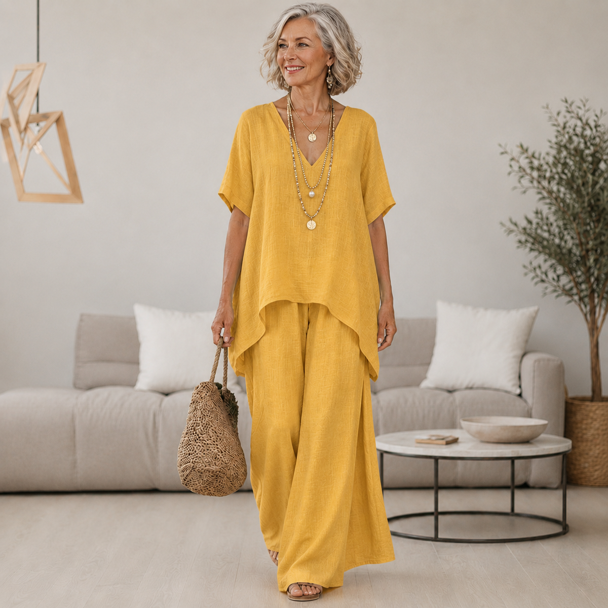 Women's Wren | V-Neck Asymmetric Hem Tunic and Wide-Leg Two-Piece Set