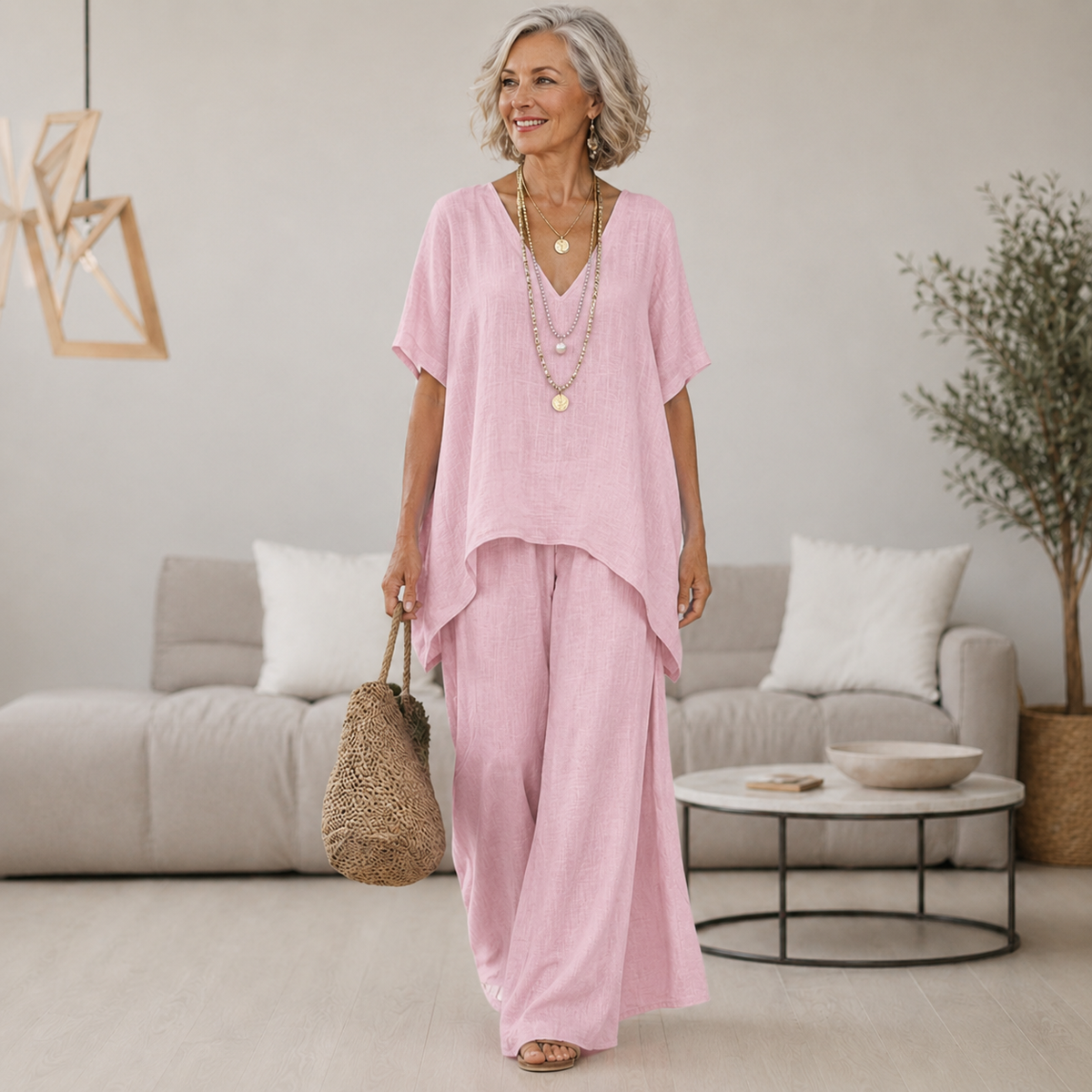 Women's Wren | V-Neck Asymmetric Hem Tunic and Wide-Leg Two-Piece Set