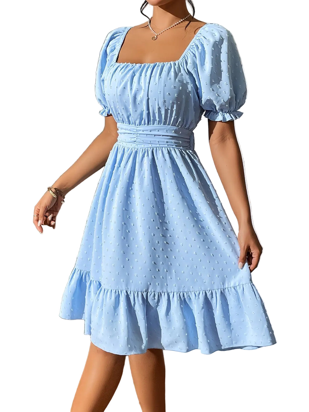Women's Knee-Length Dress with Short Puff Sleeves
