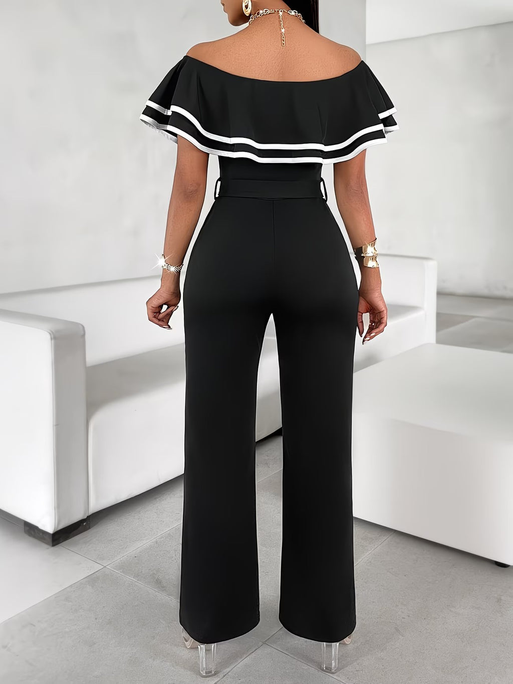 Women's Off-Shoulder Wide-Leg Jumpsuit with Belt