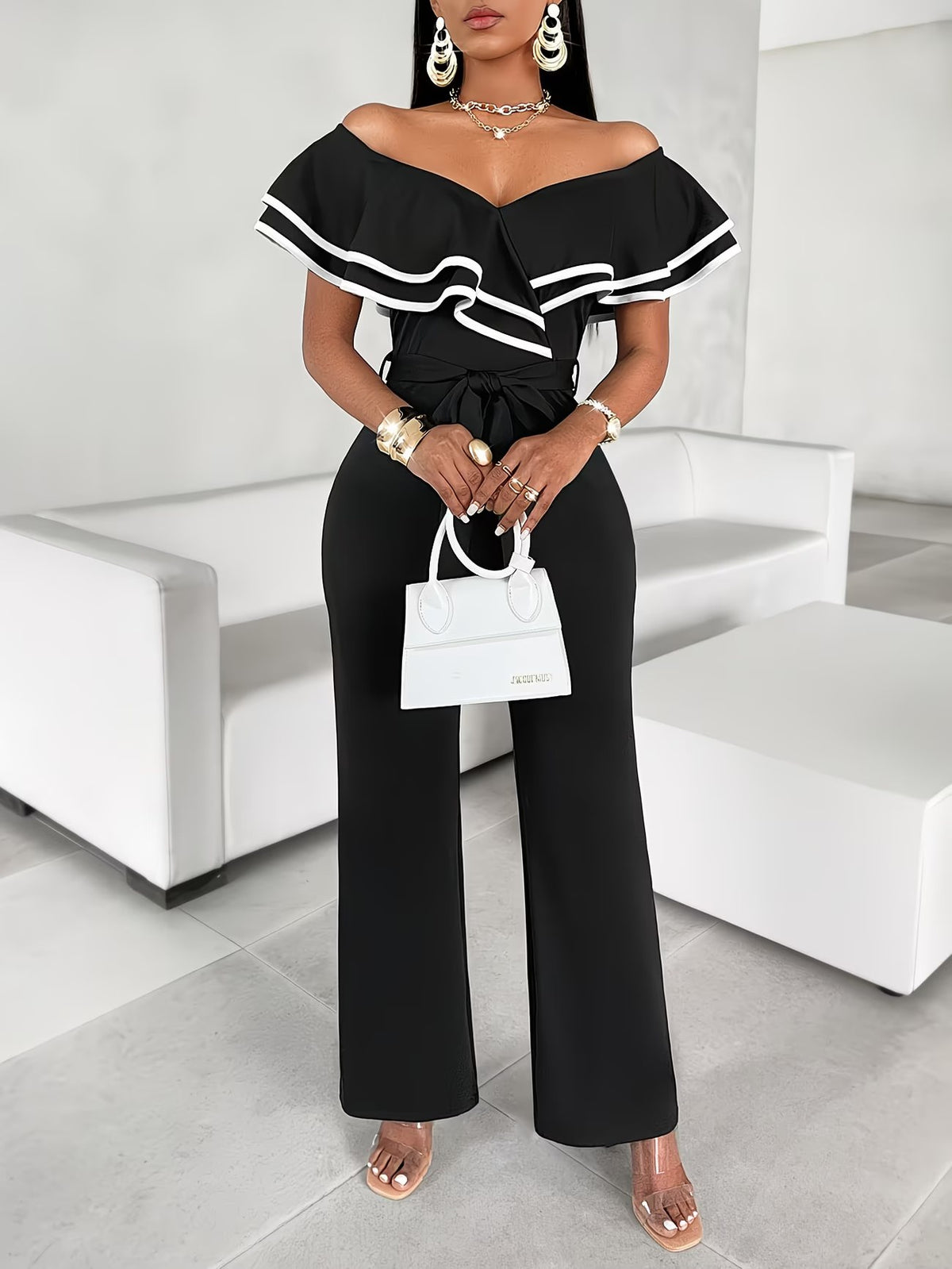Women's Off-Shoulder Wide-Leg Jumpsuit with Belt